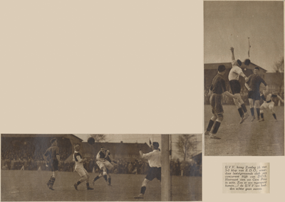 874583 Collage van 2 foto's betreffende de voetbalwedstrijd tussen U.V.V. (Utrecht) en E.D.O. (Haarlem), die door ...